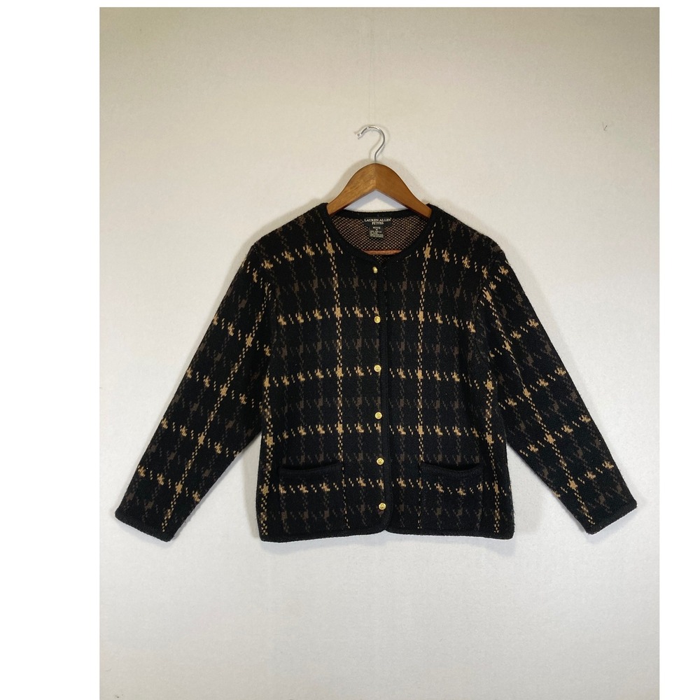 Vintage Academic Lauren Allen Petites Womens PM Black Plaid Gold Button Cardigan